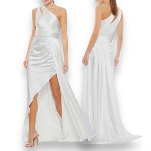 Mac Duggal White Satin One Shoulder Belted Sleeveless Formal Wedding Gown 14 NWT